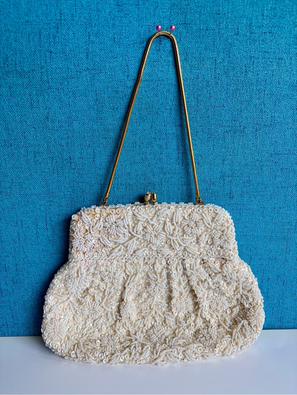 Beaded Ivory Evening Clutch with Gold Chain Made in Hong Kong 1950’s 60’s